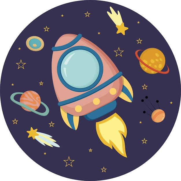어린이를 위한 우주, 원형, 벡터 삽화. 평평한 스타일의 로켓과 행성.