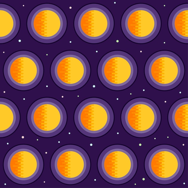 Cosmic seamless pattern background. bright orange sun and stars isolated on stylish purple cover. cosmic, astronomy and space theme. planets in open space.
