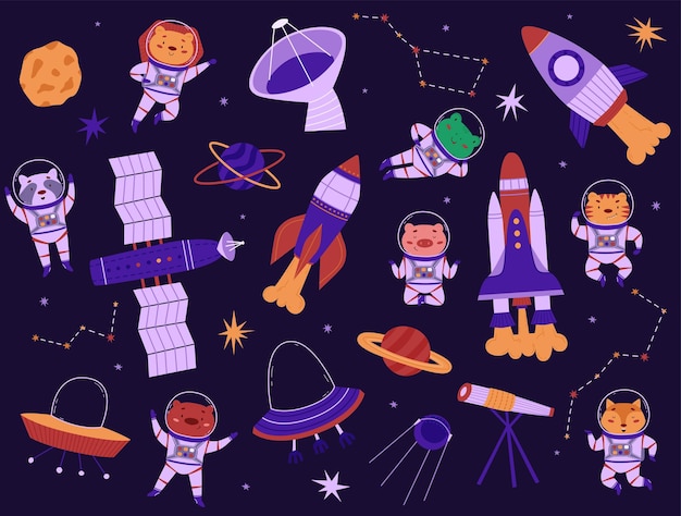 Set cosmico con simpatici animali astronauti e razzi illustrazione vettoriale in stile piatto cosmonautics day pattern per carta da parati e articoli per bambini