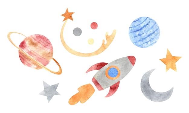 Космический набор с планетами, звездами, ракетой и луной, акварель, рука, рисовать космическую иллюстрацию с белым i