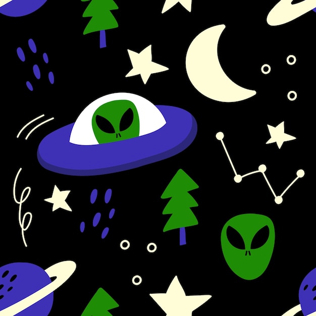 Cosmic space seamless pattern with UFO, stars, planets, moon.Black background. Cartoon hand drawn ve