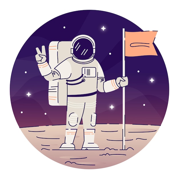 Cosmonaut placing flag on moon flat concept icon. astronaut in space suit showing peace sign sticker, clipart. alien planet landing, space exploration isolated cartoon illustration on white background