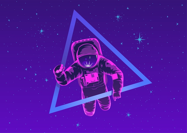 Vector cosmonaut in spacesuit performing spacewalk against stars and planets in background. flight in space. human spaceflight. modern colorful illustration.