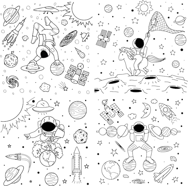 Cosmonauts travel to many planets with rockets and meet aliens coloring book