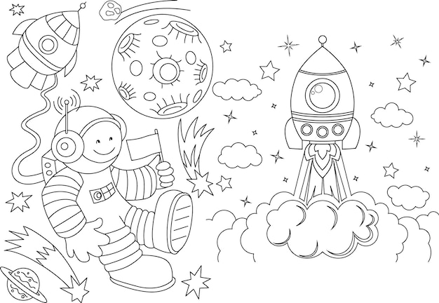 Vector cosmonauts travel to many planets with rockets and meet aliens coloring book