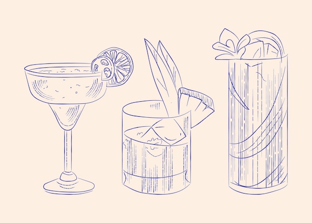 Vettore illustrazione disegnata a mano dell'annata del cocktail cosmopolita per il menu