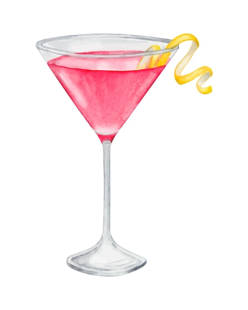 Cosmopolitan cocktail watercolor hand drawn illustration Drink clipart on white background