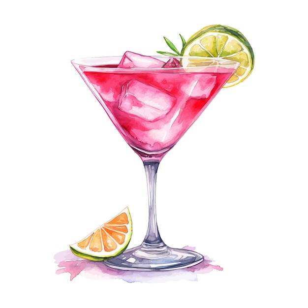 Cosmopolitan cocktail watercolor hand drawn illustration Drink clipart