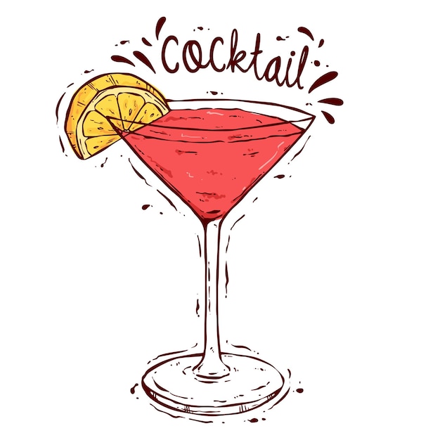 Vettore cocktail cosmopolitan con stile disegno a mano colorato bicchieri da cocktail con stile schizzo colorato