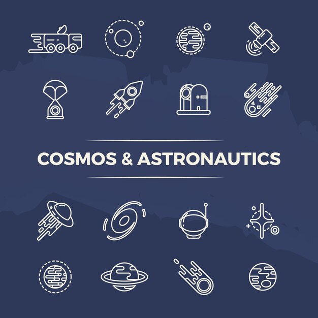 Cosmos and astronautics line icons 