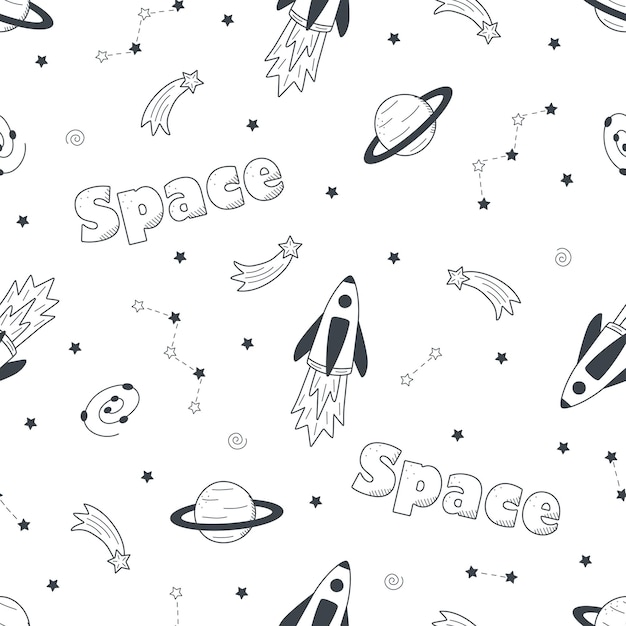 Cosmos doodle is a set of vector illustrations Seamless pattern icons of space elements rocket cosmonaut stars satellite telescope comet