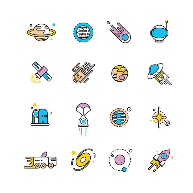 Cosmos exploration flat icons with planets and rockets