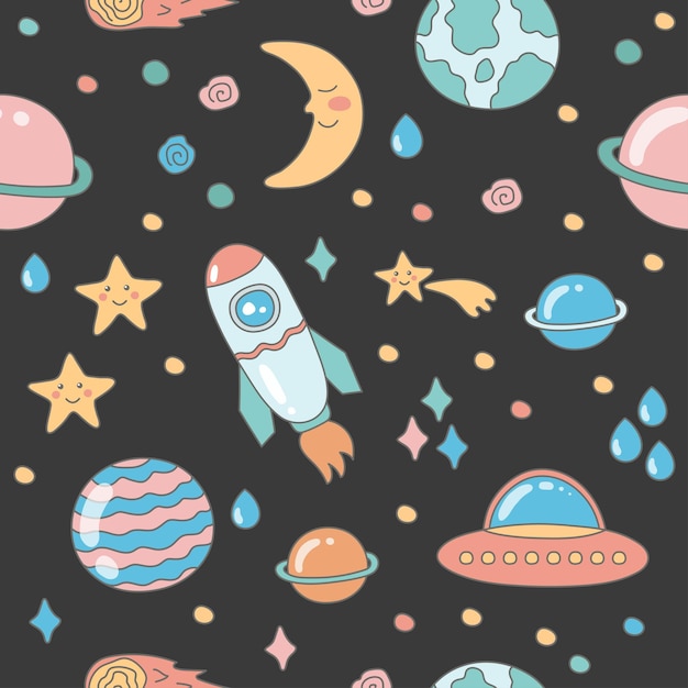 Cosmos seamless pattern. Planets, stars, and a rocket. Cartoon vector illustration. Textile