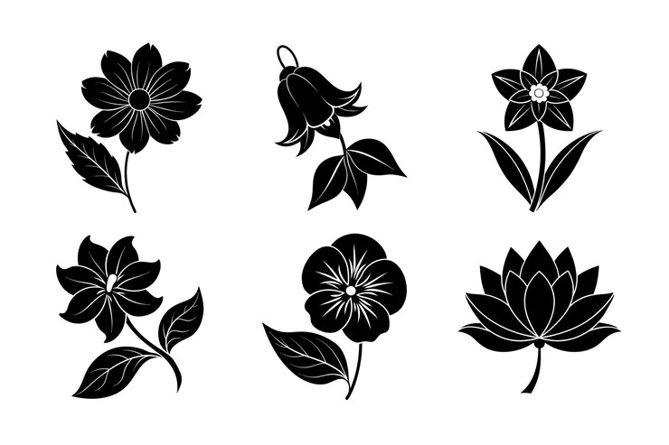Vector cosmos violet lotus bellflower jasmines daffodil flower silhouette icon set