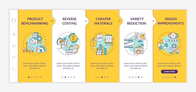 Cost reduction strategies onboarding  template. variety reduction. design improvements responsive mobile website with icons. webpage walkthrough  steps screens.