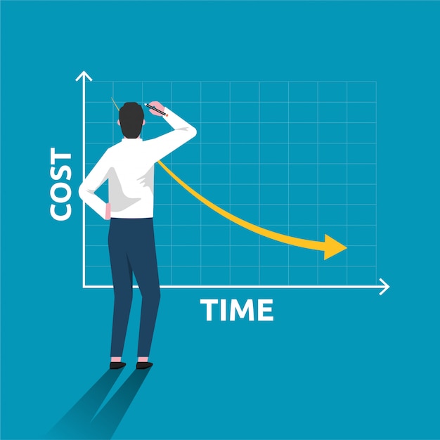 Cost reduction with businessman draw simple graph with descending curve illustration.