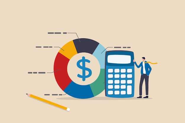 Vector cost structure expense and income balance calculation revenue debt and investment analysis money management budget or saving concept businessman with calculator with pie chart of cost structure