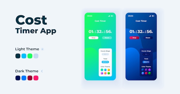 Cost timer app cartoon smartphone interface  templates set. mobile app screen page day and night modes . time tracking software ui for application. phone display with  illustrations