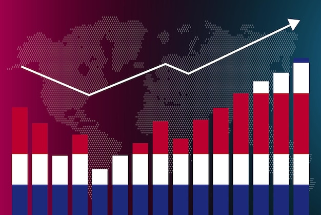 Costa rica bar chart graph with ups and downs, increasing values, costa rica country flag on bar