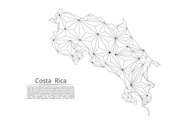 Costa rica communication network map vector low poly image of a global map with lights in the form of cities in