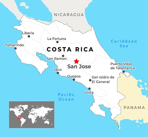 Mappa politica della costa rica con la capitale san jose, le città più importanti e i confini nazionali