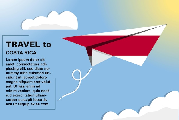 Banner vettoriale di viaggio in costa rica con bandiera di carta e concetto di vacanza in aereo di carta bandiera spazio testo
