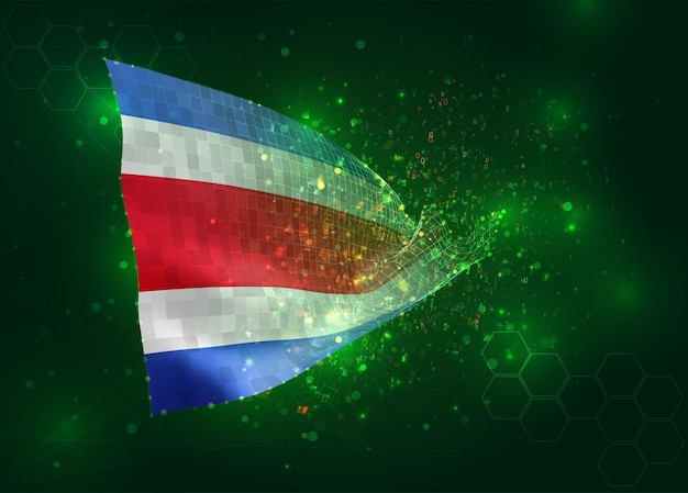 Costa Rica on vector 3d flag on green background with polygons and data numbers