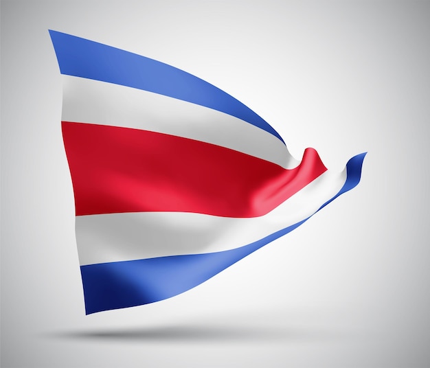 Costa Rica, vector flag with waves and bends waving in the wind on a white background.