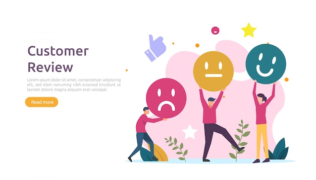 Vector costumer review rating concept. people character giving feedback evaluation. satisfaction level and critic support with smartphone for web landing page, social, poster, ad, promotion or print media