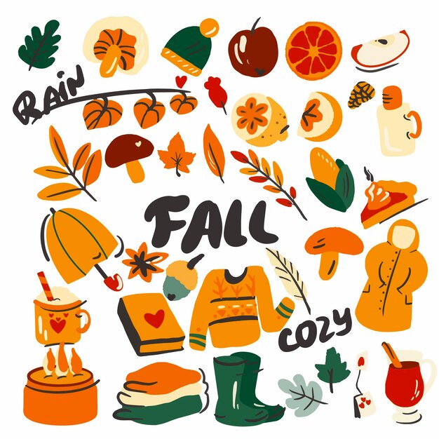 Vector cosy cute autumn elements set fall illustrations