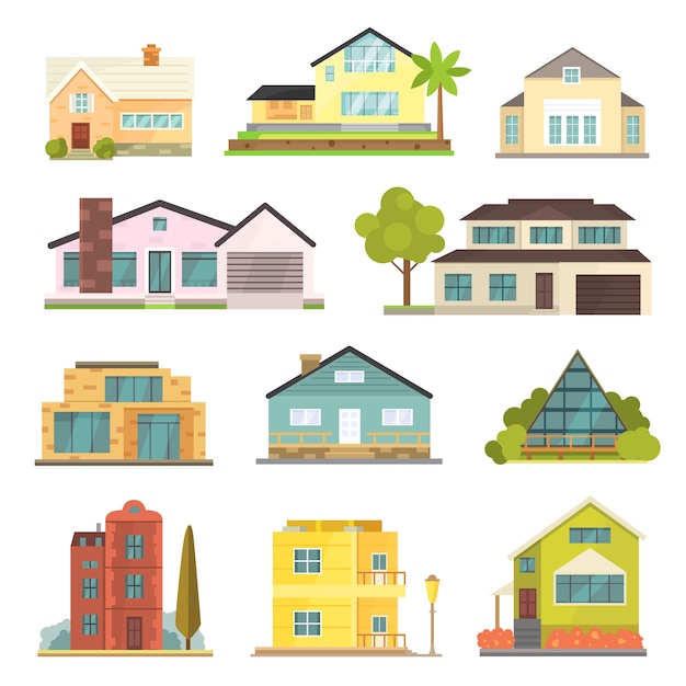 Vector cottage and assorted real estate building icons. residential house collection in new cartoon style.