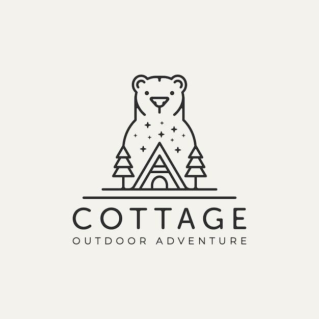 Cottage bear minimalist line art logo template vector illustration design