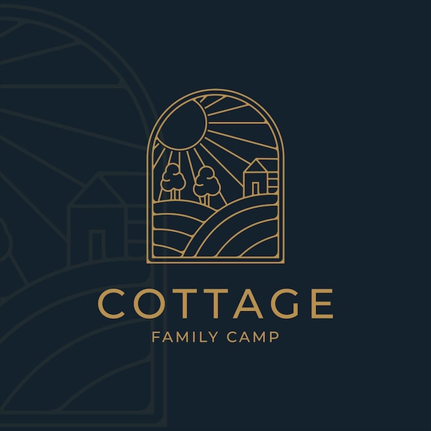 Vettore disegno dell'illustrazione del logo vettoriale semplice minimalista con linea di cottage o cabina. badge cottage in collina in estate foresta linea arte logo concetto minimalista semplice icona illustrazione disegno vettoriale