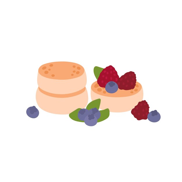 cottage cheese pancakes or syrniki or souffle pancakes with fresh berries raspberries and blueberries breakfast food flat vector illustration isolated on white background
