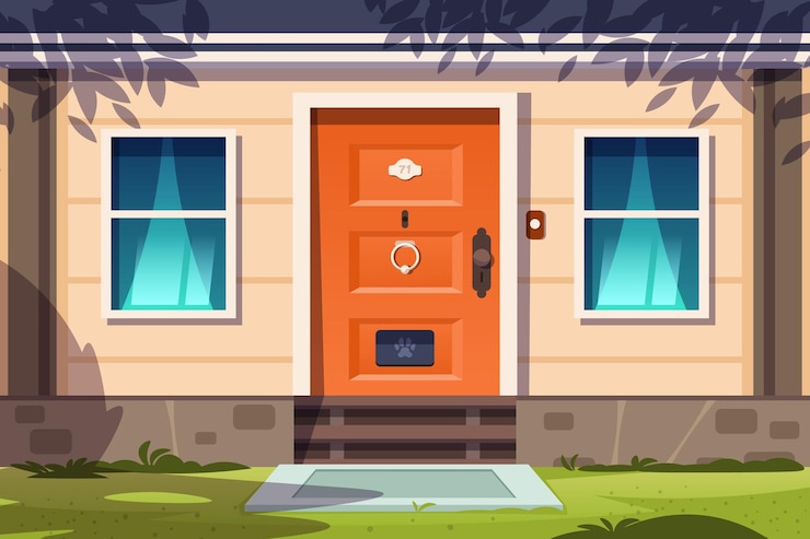 Vector cottage gevel cartoon landhuis voorkant buitenkant met entree ramen en drempel vector landelijke huis gevel illustratie