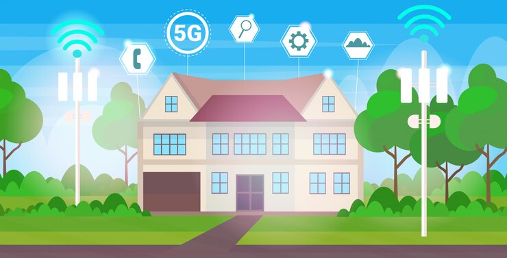 Vector cottage house 5g online wireless systems base station receiver connection concept