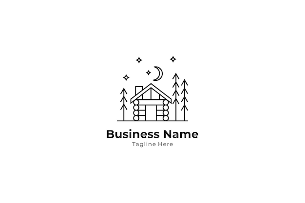 Cottage logo with fir tree and decorated with crescent moon and stars in line art design style