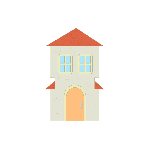 Cottage with an arched door and red roof icon in cartoon style on a white background