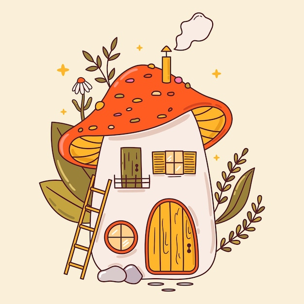 Vector cottagecore mushroom house for gnomes and dwarfs fairytale big amanita home