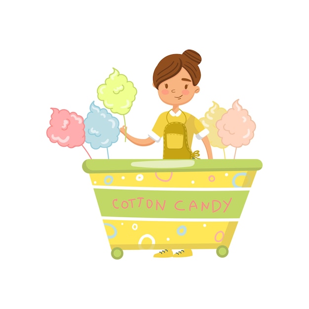 Cotton candy cart with female seller food kiosk on wheels cartoon vector Illustration on a white background