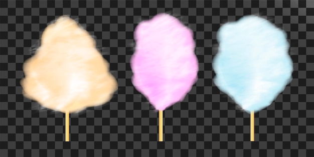 Vector cotton candy set realistic orange pink blue cloud of sugar on a wooden stick realistic illustration isolated on transparent background