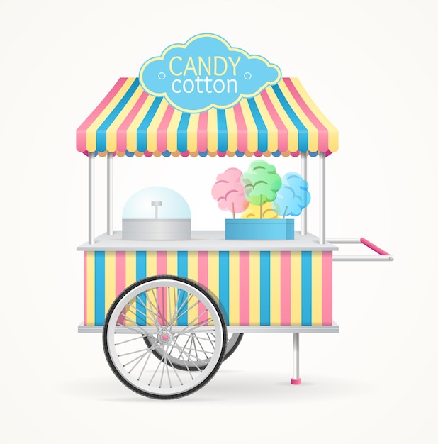 Cotton Candy Street Market Stall. Sale of Sweet Food. Vector illustration