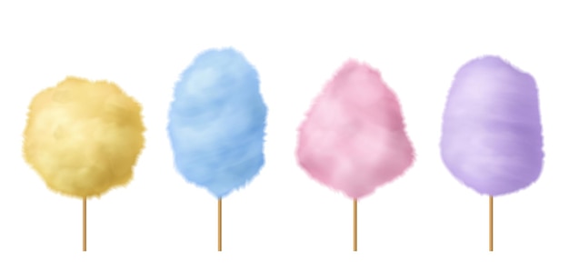 Vector cotton candy. sweet sugar candyfloss pink, blue and yellow yummy fluffy summer dessert with stick, traditional carnival or festival, party or park delicious confection 3d realistic isolated vector set