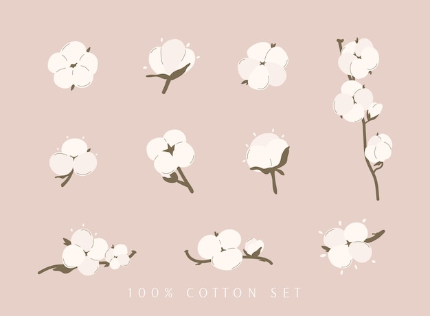 Vector cotton flower ball big set concept of of natural eco organic textile fabric