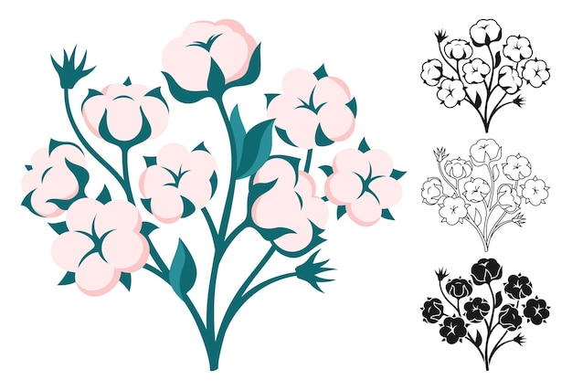 Cotton flower bouquet cartoon emblem engraved stamp doodle set blossom fluffy fiber stem design