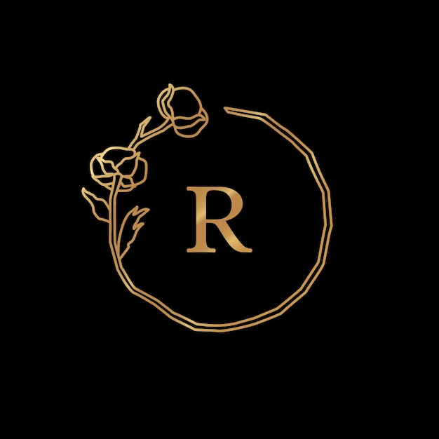 Vector cotton flower and branch gold monogram frame. round wreath with copy space. badge in trendy minimalist linear style. vector logo with letter r and cotton plant. for cosmetics, wedding, florist