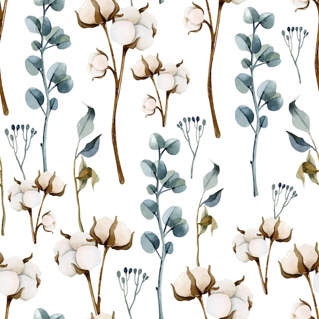 Vector cotton flower and eucalyptus watercolor seamless pattern