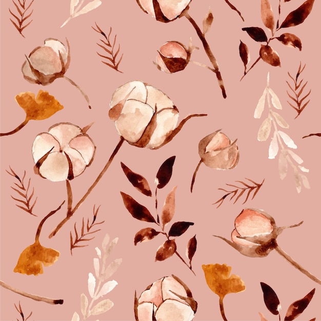 Cotton flower and ginkgo leaf watercolor seamless pattern premium vector