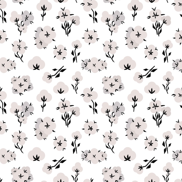 Cotton flower seamless pattern Organic flowers leaves Cartoon flat isolated illustration