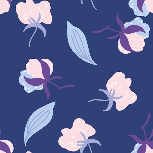 Cotton flowers and leaf seamless pattern